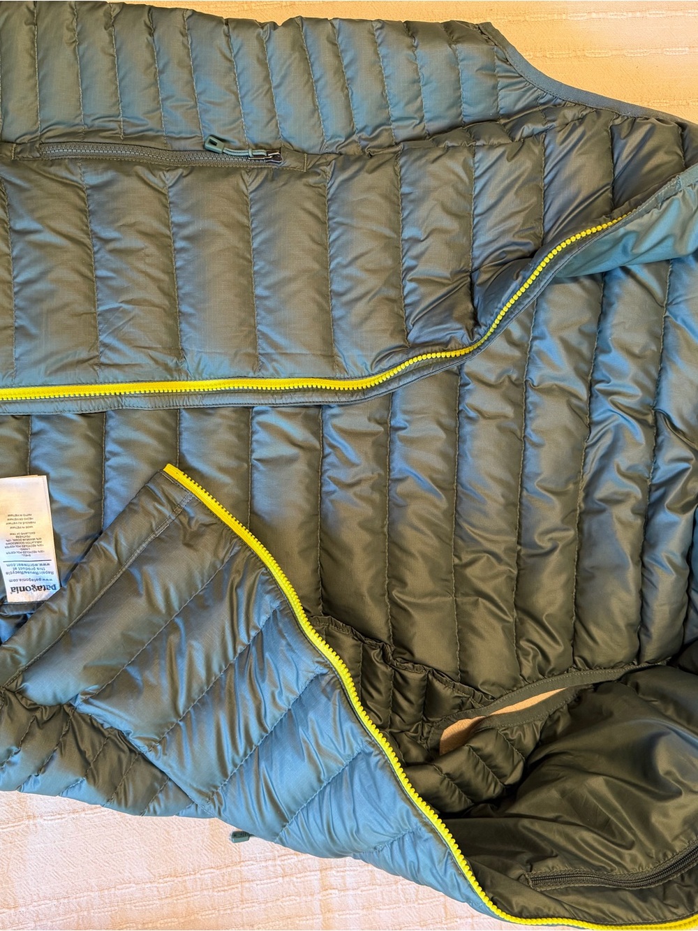 Patagonia Quilted Vest in Sage Green with Neon Yellow Trim - Picture 5 of 7
